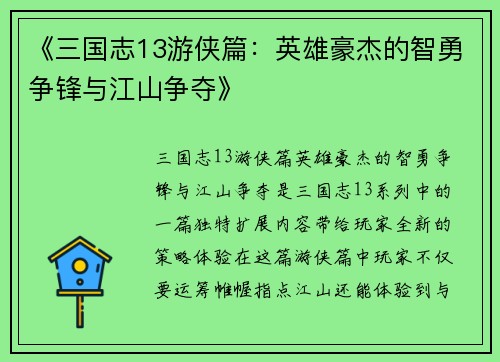 《三国志13游侠篇：英雄豪杰的智勇争锋与江山争夺》